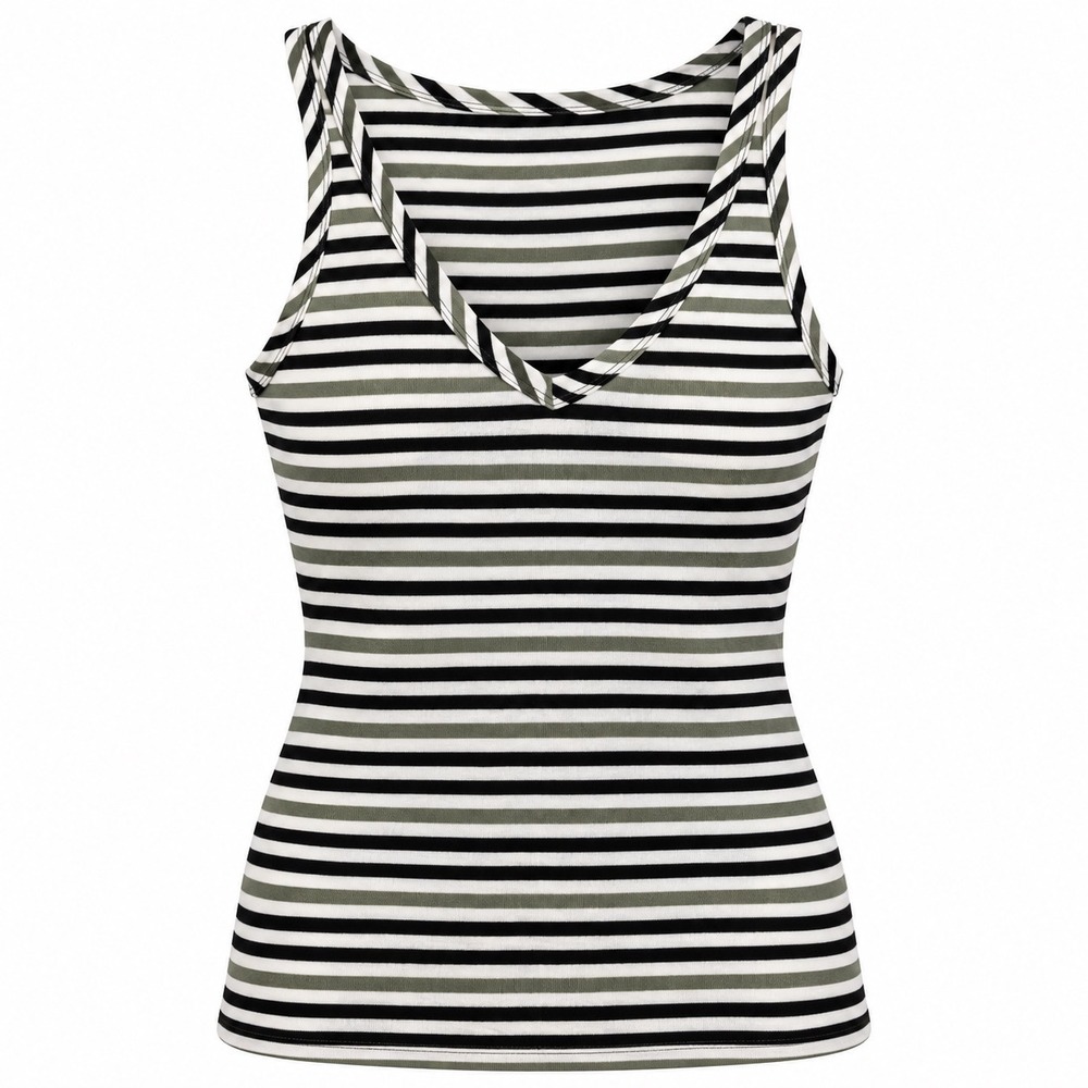 LOFT Womens XL Striped V-Neck Tank Top Black Olive Green White‎ Sleeveless Knit